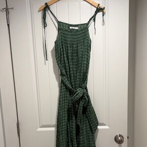 Green Checked Maxi Dress with Self-Tie Waist